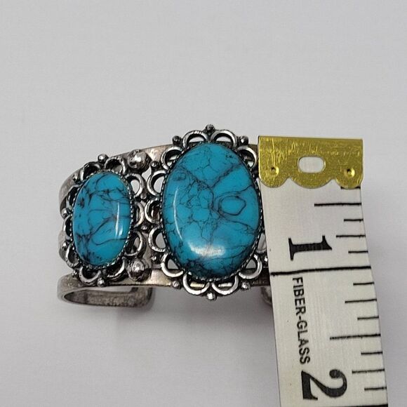 Vintage 90's Silver Tone Faux Turquoise Filigree Cuff Bracelet Southwestern Boho - Picture 4 of 8